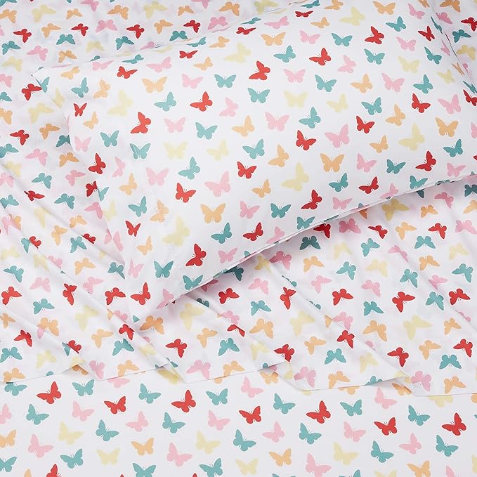 Amazon Basics Kid's Butterfly Friends Soft Easy-Wash Microfiber 3-Piece Sheet Set, Twin, Multi-Color Butterflies, Printed
