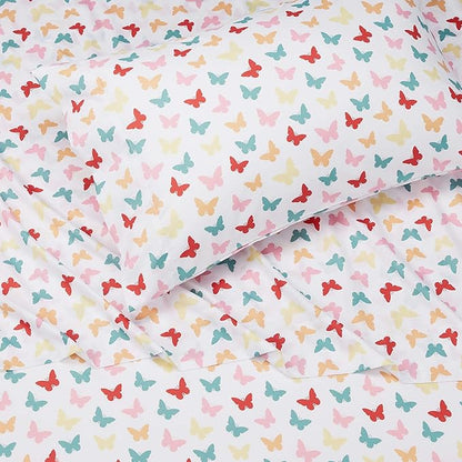 Amazon Basics Kid's Butterfly Friends Soft Easy-Wash Microfiber 3-Piece Sheet Set, Twin, Multi-Color Butterflies, Printed