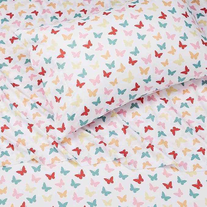 Amazon Basics Kid's Soft Easy-Wash Lightweight Microfiber 3-Piece Sheet Set, Toddler, Multi Colour, Butterflies