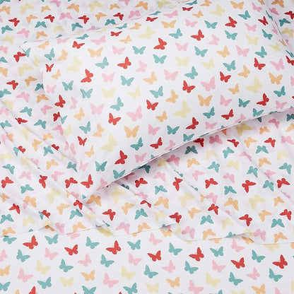Amazon Basics Kid's Soft Easy-Wash Lightweight Microfiber 3-Piece Sheet Set, Toddler, Multi Colour, Butterflies