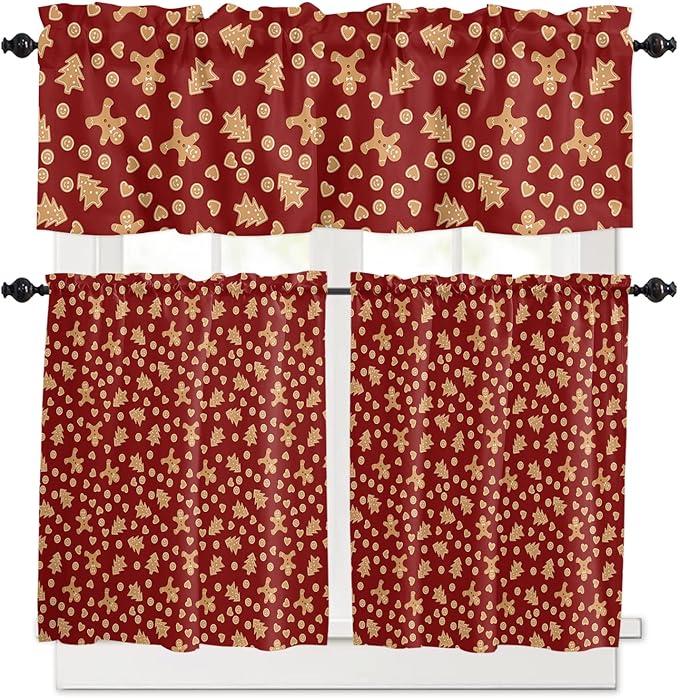 Christmas Valance Kitchen Curtains Set,Red Merry Christmas Gingerbread Man Cookies Window Treatments Tiers,Winter Holiday Decor Short Window Curtain Panels for Bedroom/ Living Room,54x36 in,3-Piece