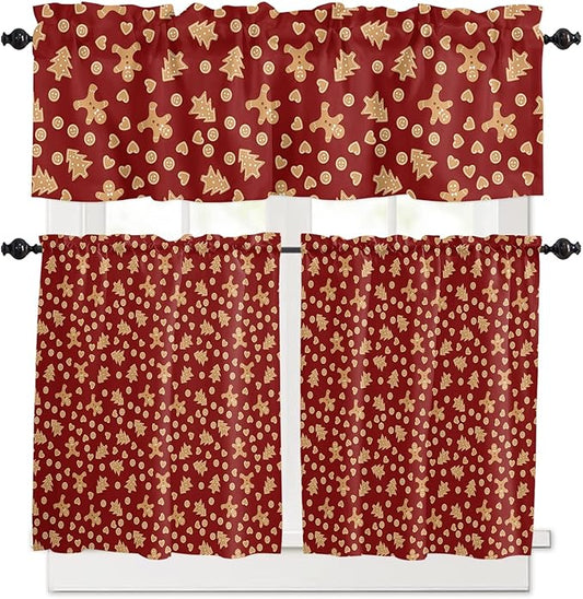 Christmas Valance Kitchen Curtains Set,Red Merry Christmas Gingerbread Man Cookies Window Treatments Tiers,Winter Holiday Decor Short Window Curtain Panels for Bedroom/ Living Room,54x36 in,3-Piece