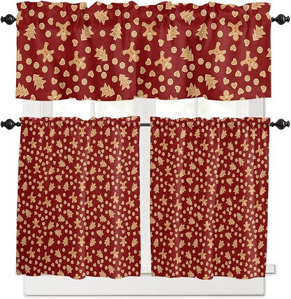 Christmas Valance Kitchen Curtains Set,Red Merry Christmas Gingerbread Man Cookies Window Treatments Tiers,Winter Holiday Decor Short Window Curtain Panels for Bedroom/ Living Room,54x24 in,3-Piece