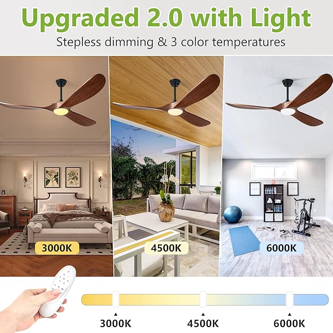 52 Inch Ceiling Fans with Lights and Remote Control, Outdoor Ceiling Fan with Light High cfm Solid Wood Modern Ceiling Fans Propeller DC Motor for Indoor Bedroom Living Room, Dark Walnut
