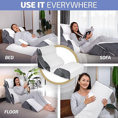 6 pcs Orthopedic Bed Wedge Pillow Set w/Leg Elevation Pillow - Perfect Adjustable Memory Foam Pillows for After Surgery Recovery, Back Support, Pain Relief, Acid Reflux, Sleeping & GERD