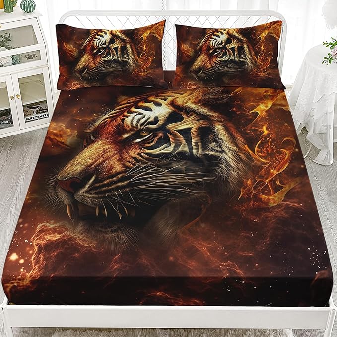 AILONEN Tiger Fitted Sheet Set Twin Size, 3D Fire Animal Tiger Bed Sheet Wildlife Sheet Set,Teen Boys 3 Pieces Printed Safari Tiger Fitted Sheet with 2 Pillowcases