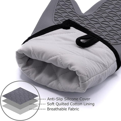 Extra Long Oven Mitts and Pot Holder Set for Ultimate Kitchen Safety- Hot Pads and Oven Mitts- Heavy Duty- Silicone Heat Resistant Oven Mitts and Pot Holder Set(Light Gray)