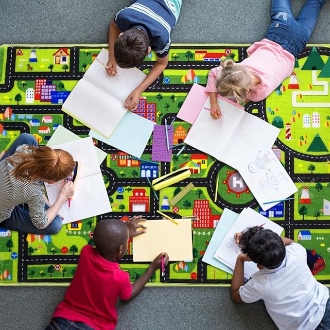 Kids Rug 4ft Round Rug Baby Play Mat City Life Playmats Roads Traffic Soft Learning Circle Rug Play with Cars and Toys Toddlers Fun Learning Play Carpet for Bedroom Nursery Playroom Classroom