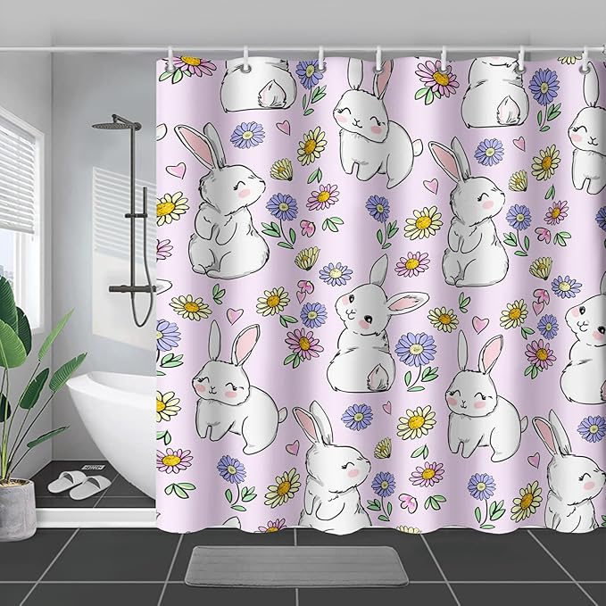 AILONEN Rabbit Bunny Shower Curtain for Bathroom,Cute Animal Shower Curtain Colorful Flower Decor Bath Curtain 72" W*78" H Polyester Fabric Waterproof Bathroom Bathtub Curtain with 12 Hooks