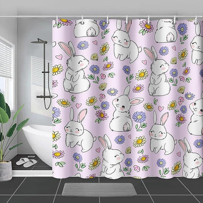 AILONEN Rabbit Bunny Shower Curtain for Bathroom,Cute Animal Shower Curtain Colorful Flower Decor Bath Curtain 72" W*78" H Polyester Fabric Waterproof Bathroom Bathtub Curtain with 12 Hooks