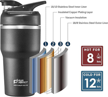 27 OZ 316 Stainless Steel Vacuum Insulated Travel Mug With Leak Proof Flip For Both Straw & Spout, Double Walled Seamless to Keep Hot And Cold, Sliver