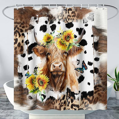 AILONEN Yak Shower Curtains for Kids Boys Girls,Highland Cattle Sunflower Cow Fur Print Bath Curtains for Bathroom Decor,Polyester Waterproof with 12 Plastic Hooks 72" W*84" H