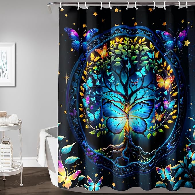 AILONEN Tree of Life Shower Curtain for Bathroom,Glowing Butterfly Starry Bath Curtain,Modern Tree Floral Print Curtain Decoration Waterproof with 12 Plastic Hooks for Boys Girls Adults 72" W*78" H