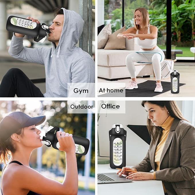 32 oz Glass Water Bottle with Time Marker - 1000ml Large Sports Motivational Water Bottles with Handle & Silicone Case, 1 Liter Leak-proof Measured Drinking Bottle for Gym Fitness Workout (Black)