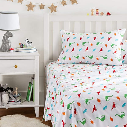 Amazon Basics Kid's Soft Easy-Wash Lightweight Microfiber 3-Piece Sheet Set, Twin, Multi-Color Dinosaurs, Animal Print