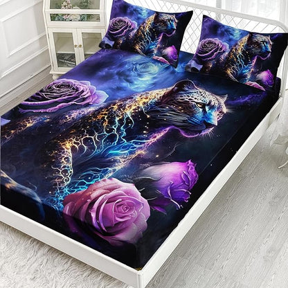 AILONEN Leopard Fitted Sheet Set Queen Size, Purple Flower and Cheetah Bed Sheet Set Leopard Print Fitted Sheet with 2 Pillowcases,3 Pieces Leopard Sheets Set for Boys Girls