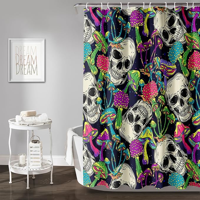 AILONEN Skull Shower Curtain for Bathroom,Mushroom Skull Bath Curtain Decoration,Fantasy Fungus Skeleton Print Waterproof Black Curtain with 12 Plastic Hooks, 72" W*84" H