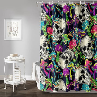 AILONEN Skull Shower Curtain for Bathroom,Mushroom Skull Bath Curtain Decoration,Fantasy Fungus Skeleton Print Waterproof Black Curtain with 12 Plastic Hooks, 72" W*84" H