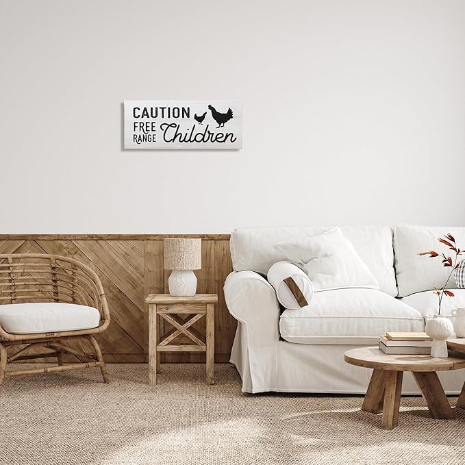 Stupell Industries Caution Free Range Children Sign Family Farm Birds, Designed by Daphne Polselli Canvas Wall Art, 24x10, Off- White