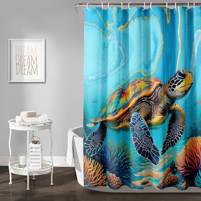 AILONEN Kawaii Sea Turtle Shower Curtain,3D Ocean Animal Themed Bath Curtain Cloth Fabric Bathroom 72" W*72" H Inch,12 Pack Hooks for Kids Child,Colorful Marble Style Bathroom Curtain