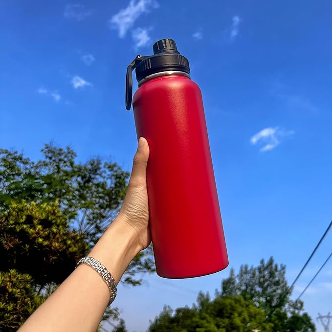 4pack 40 oz Insulated Water Bottle With Straw, Stainless Steel Sports Water Cup Flask with 2 Lids, Wide Mouth Travel Thermal Mug,Red