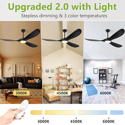 52 Inch Ceiling Fans with Lights and Remote Control, Wood Outdoor Ceiling Fan with Light 3 Blade Modern Black Ceiling Fans Propeller for Patios Porch Garage, ETL Listed DC Motor, Matte Black
