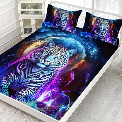 AILONEN Leopard Fitted Sheet Set Full Size, Boys Blue Smoky 3 Pieces Printed Cheetah Bed Sheet Set,Wildlife Fitted Sheet with 2 Pillowcases