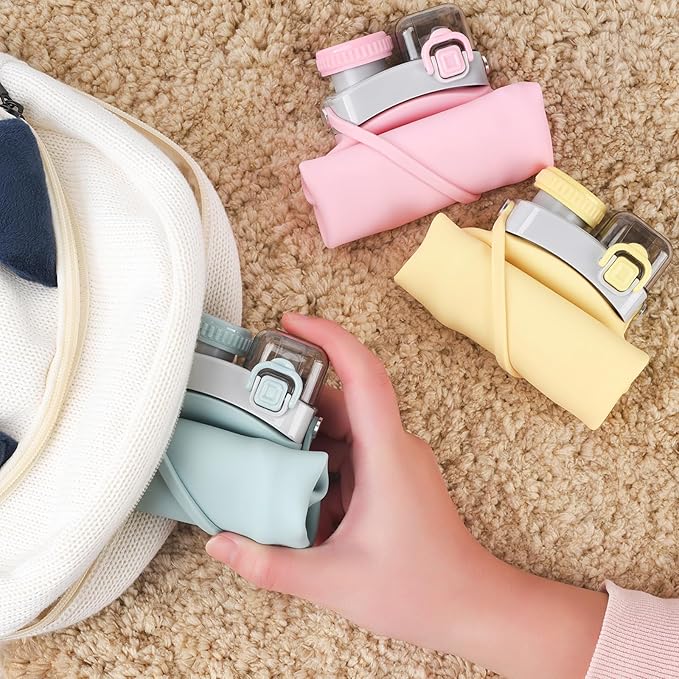 THAIOXYH® Collapsible Water Bottle 20 oz（600ml） Silicone BPA Free Reuseable Lightweight Foldable Water Bottles for Traveling Running Hiking Camping Sports (Yellow)