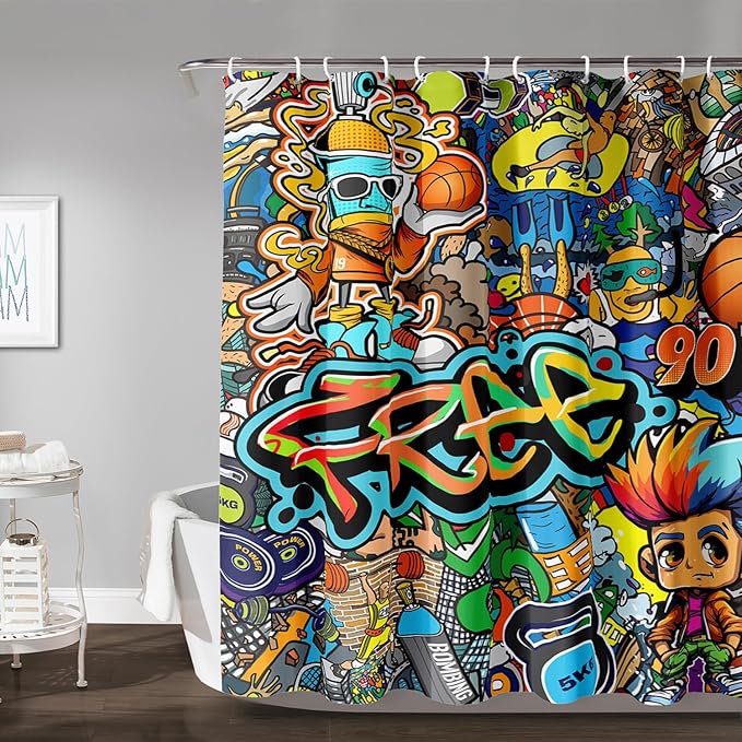 AILONEN Sport Graffiti Shower Curtain for Bathroom,Colorful Graffiti Pattern Bathroom Curtain for Kids Boys Girls,Bath Curtain 60" W*72" H Polyester Waterproof Bathroom Curtain with 12 Hooks