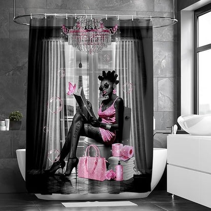 African American Shower Curtain Fashion Black Girl Shower Curtains for Bathroom Decor Grey Pink Waterproof Polyester Fabric Afro Black Women Bathroom Curtain with Hooks 72x72 Inch