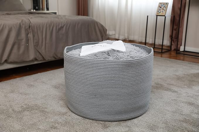 24" x 24" x 17" Max Size Large Cotton Rope Basket, Extra Large Storage Basket, Woven Laundry Hamper, Cloth Storage Bin, for Blankets Clothes Towels Pillows in Living Room, Full Grey