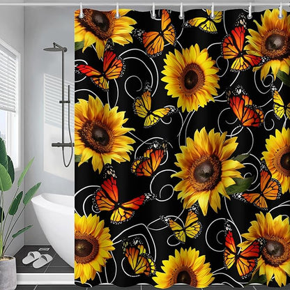 AILONEN Yellow Sunflower and Butterfly Shower Curtain,Garden Flower Black Bath Curtain,Modern Botanical Floral Waterproof Shower Curtain, 36" W x 72" H