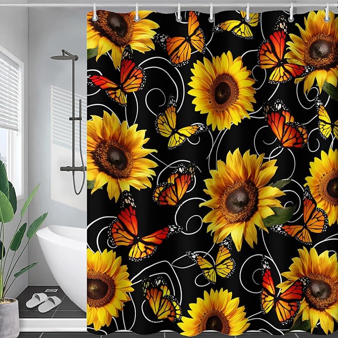 AILONEN Yellow Sunflower and Butterfly Shower Curtain,Garden Flower Black Bath Curtain,Modern Botanical Floral Waterproof Shower Curtain, 48" W x 72" H