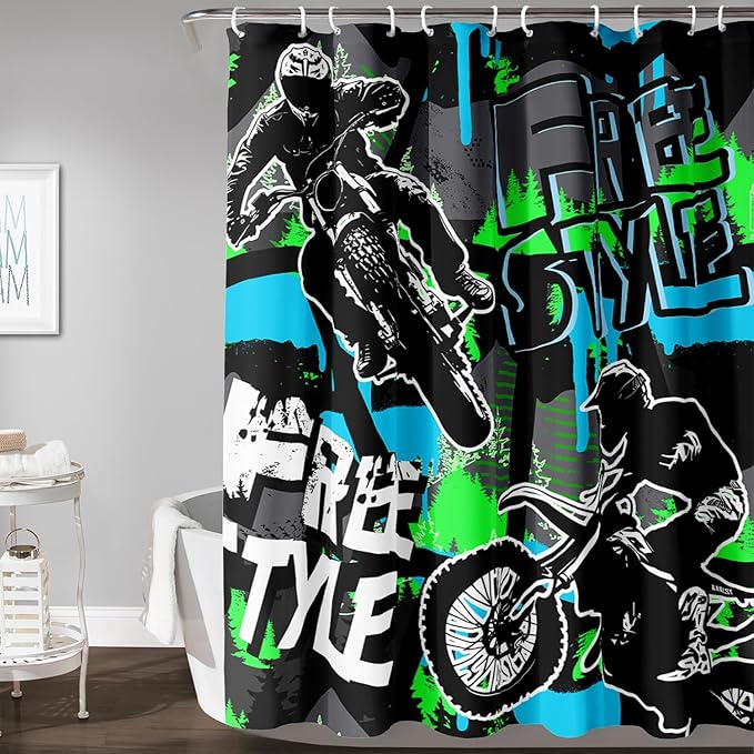 AILONEN Boys Motocross Hip Hop Shower Curtain,Dirt Bike Racer Waterproof Bath Curtain,Motorcycle Sport Curtain for Kids Men,Colorful Cartoon Shower Curtain 72" W x 72" H