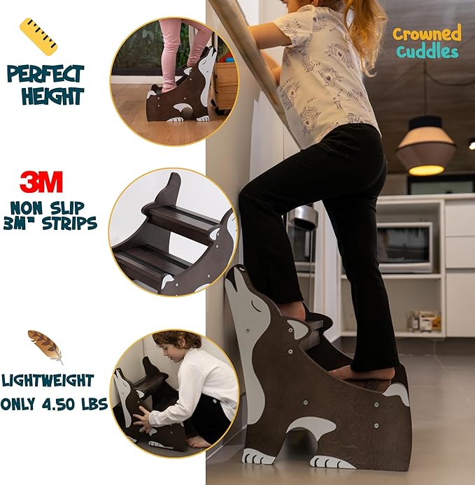 Crowned Cuddles - Premium Wooden Step Stool for Kids Toddler Step Stool, Kids Step Stool for Toddlers, Wood Step Stool for Kids Bathroom Sink, Kitchen Counter & Potty Stool (Brown)