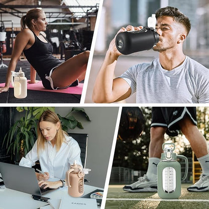 64oz Glass Water Bolttles Half Gallon Large Motivational Water Bottle with Time Marker Sports Water Bottles with Silicone Sleeve and Handle Lid Water Jug for Gym Workout-1 Pack