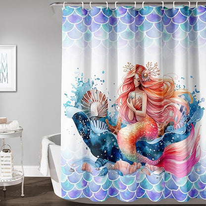 AILONEN Mermaid Shower Curtain,Watercolor Whale and Mermaid Bath Curtain,Beautiful Mermaid Princess Shower Curtain Ocean Fish Scale Print Curtain Waterproof with 12 Plastic Hooks, 48" W*72" H