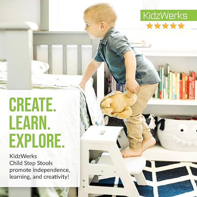 Kids Step Stool for Toddlers Bathroom Kitchen Potty Wooden Children’s Stepping Standing 2-Step Ladder, White