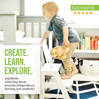 Kids Step Stool for Toddlers Bathroom Kitchen Potty Wooden Children’s Stepping Standing 2-Step Ladder, White