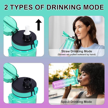 32 oz Water Bottle with Detachable Straw, Clear Motivational Water Bottles with Time to Drink, Tritan & BPA Free Sports Water Jug with Time Marker, Upgraded handle design