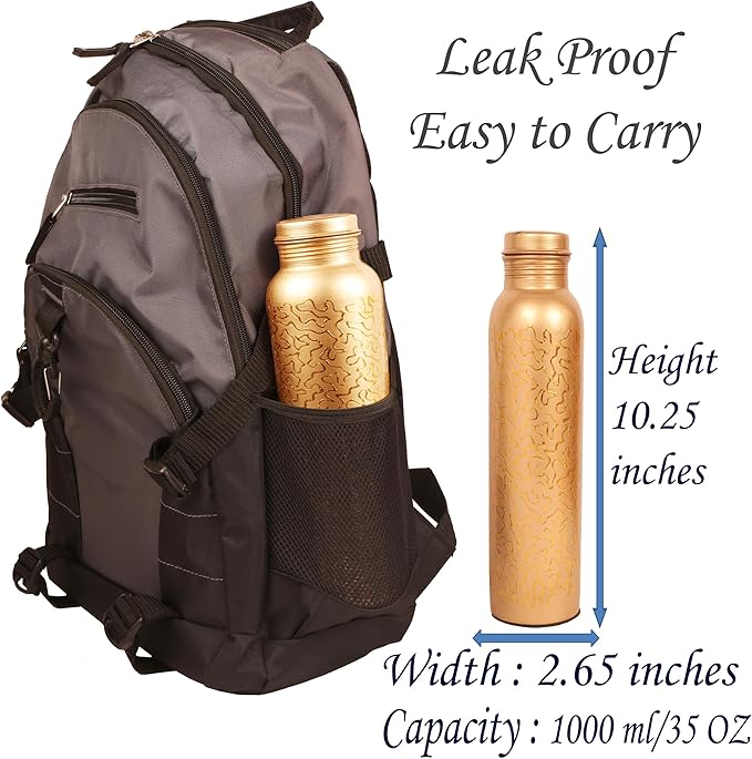 Pure Copper Water Bottle - Handcrafted - Ayurveda health benefits - L- 35 oz - Leak proof - Easy to carry for Sports, Fitness, Yoga, School - Natural Copper Finish Golden Glade Pattern