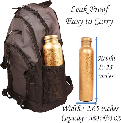 Pure Copper Water Bottle - Handcrafted - Ayurveda health benefits - L- 35 oz - Leak proof - Easy to carry for Sports, Fitness, Yoga, School - Natural Copper Finish Golden Glade Pattern