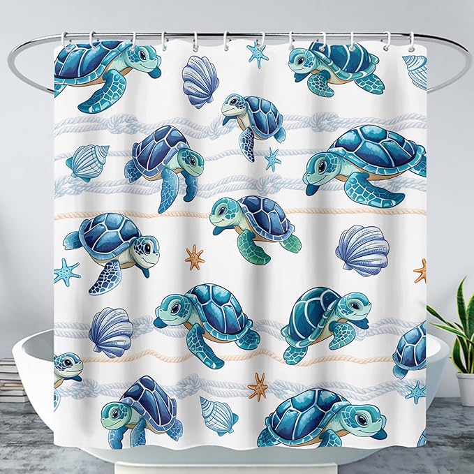 AILONEN Cute Sea Turtle Shower Curtain Set for Bathroom,Cartoon Turtle with Cowry Bath Curtain,Kawaii Ocean Animal Theme Waterproof Fabric Shower Curtain with Hooks,36" W*72" H