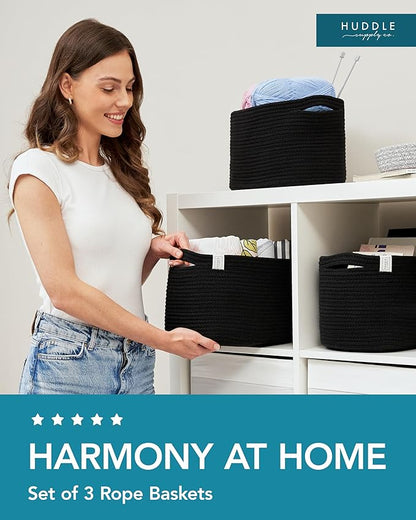 WASHABLE Woven Baskets for Storage Baskets for Shelves Large Cotton Rope Baskets for Organizing Decorative Storage Bins Bathroom, Shelves, Toys,Storage Cube Bins, Small Baskets for Organizing (Black)
