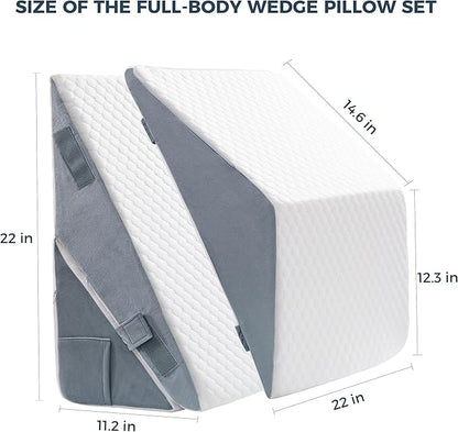 3PCS Bed Wedge Pillow Set - Memory Foam Adjustable 8&12'' Folding Triangle Pillow for Leg Knee Support Sleep Apnea Back Pain Relief Acid Reflux Snoring Sitting Up Rest Post Surgery Recovery