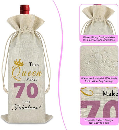 70th Birthday Gift Wine Bag 70 Year Old Birthday Gift for Women Party Decors Drawstring Wine Bag Retirement Gift 70th Milestone Gift Reusable Wine Wrap Bag for Grandma Mom