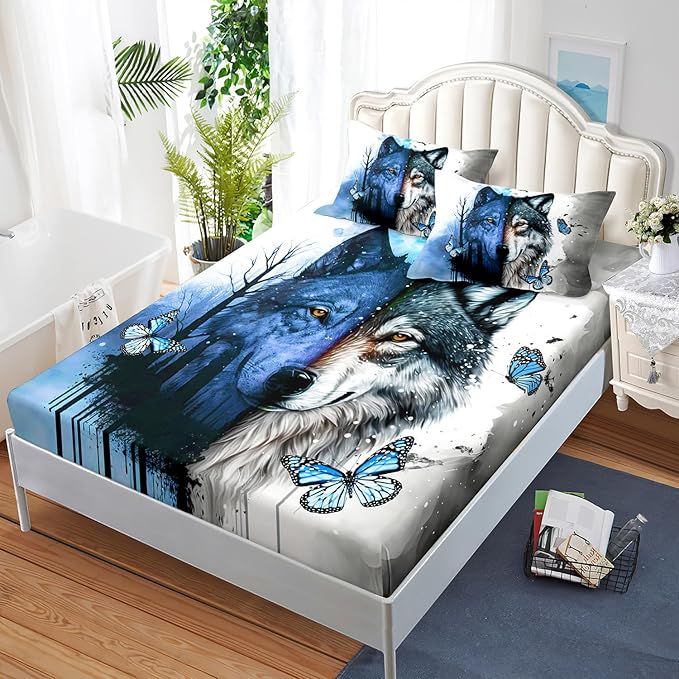 AILONEN Wolf Fitted Sheet Set Twin Size Tie Dye Wolf Sheet Set for Boys Girls,Animal Wolf Wildlife Bed Sheet with 2 Pillowcases,3 Pieces Watercolor Wolf Print Bed Sheet Set