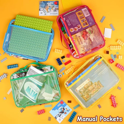 4 Pack Toy Storage Organizer Bag for Lego Bricks, Clear PVC Zippered Blocks Set with Manual Pocket& Name Tag, Waterproof Toy Carrying Case for Board Games& Building Blocks (Large, Colorful)