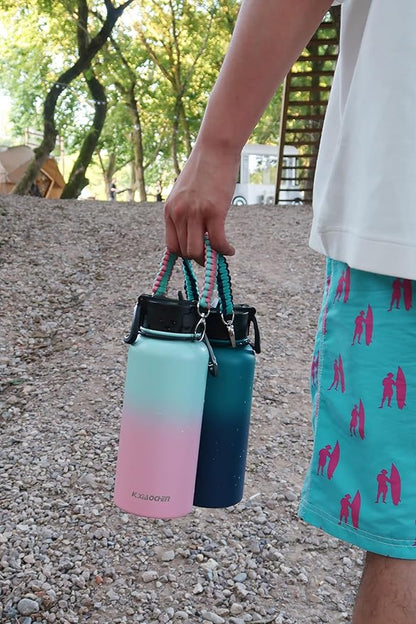 32 oz Insulated Water Bottle with Paracord Handles & Strap, 2 Lids(Straw Lid&Spout Lid), Stainless Steel Reusable Wide Mouth Metal Water Bottle With Straw, Double Walled, Thermo Mug(Rubber Pink)