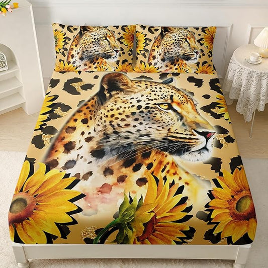 AILONEN Leopard Fitted Sheet Set for Boys, 3 Pieces Twin XL Yellow Sunflower and Animal Cheetah Leopard Printed Fitted Sheet Set for Kids Adults,1 Fitted Sheet with 2 Pillowcases